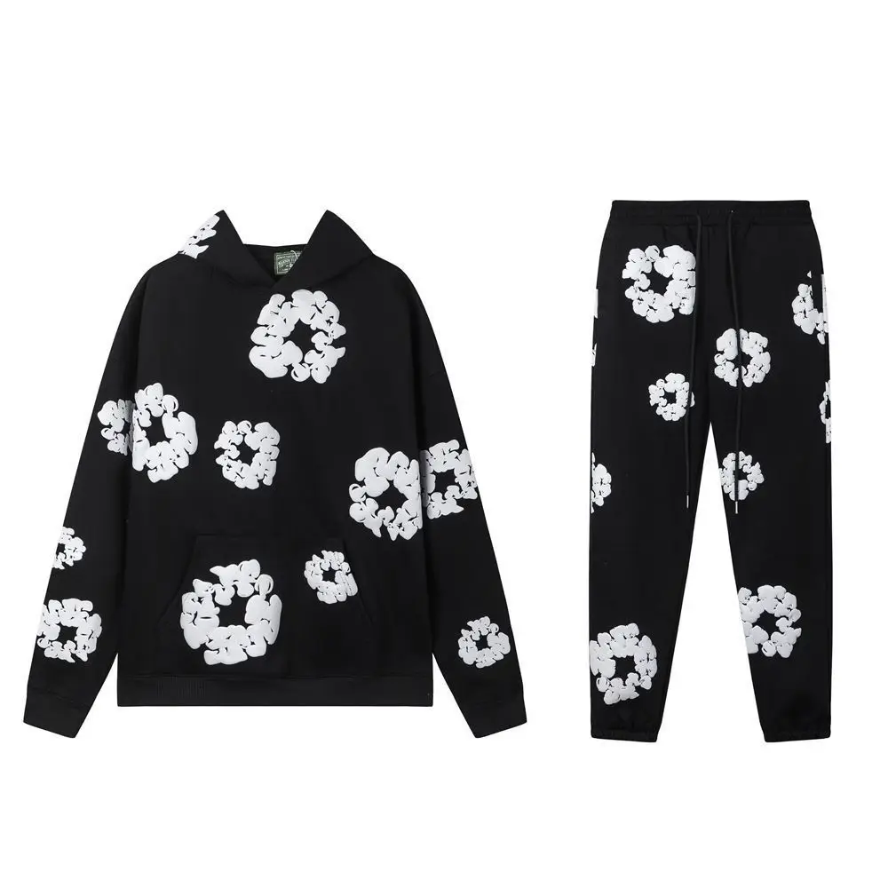 DENIM TEARS New Men's Women's Same Kapok Foam Printing Loose Casual Fleece Hooded Sweater Trousers Set