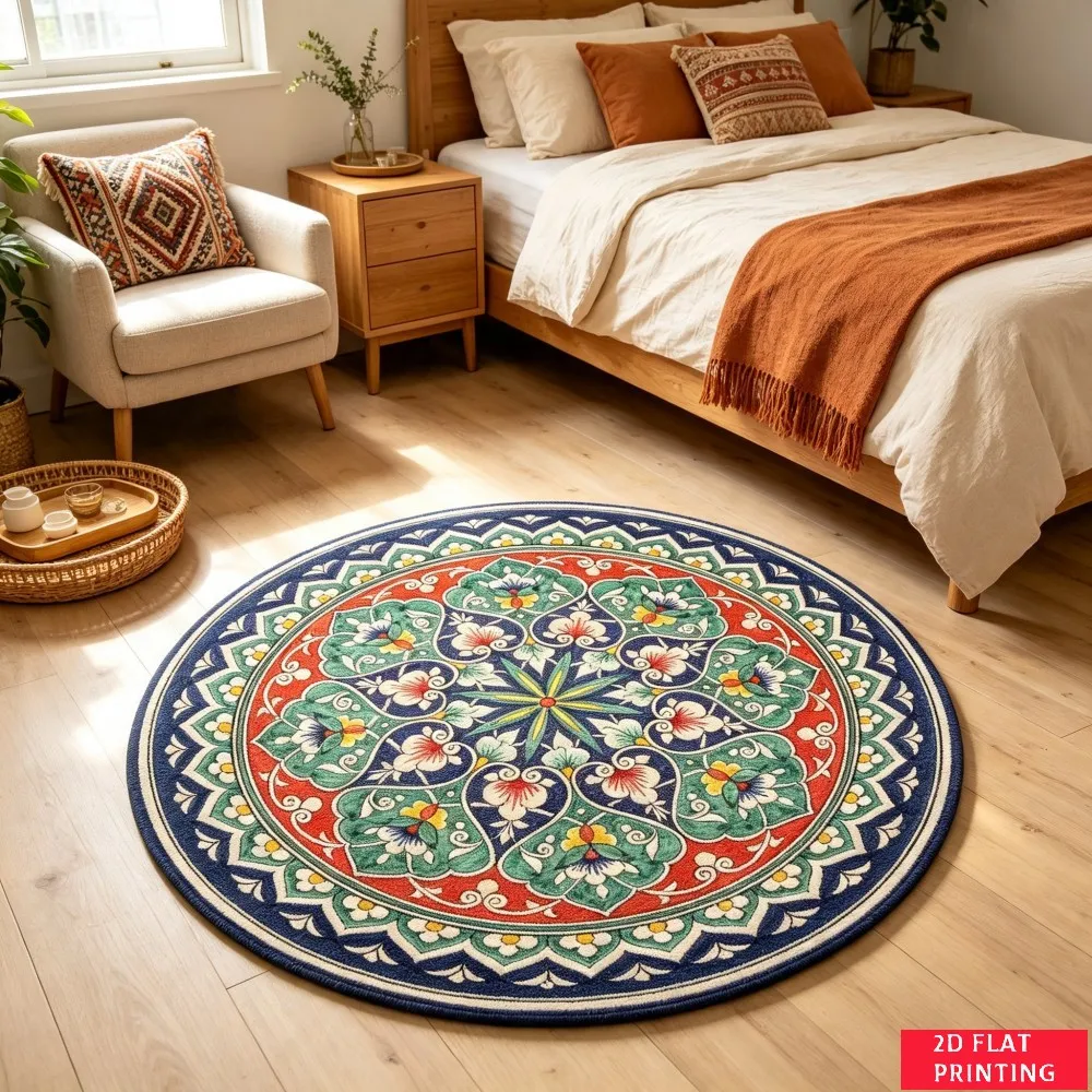Red Persian Style Floral Mandala Round Rug For Traditional Bedroom Or Dining Area Featuring Green Yellow Ornate Carpet Mat