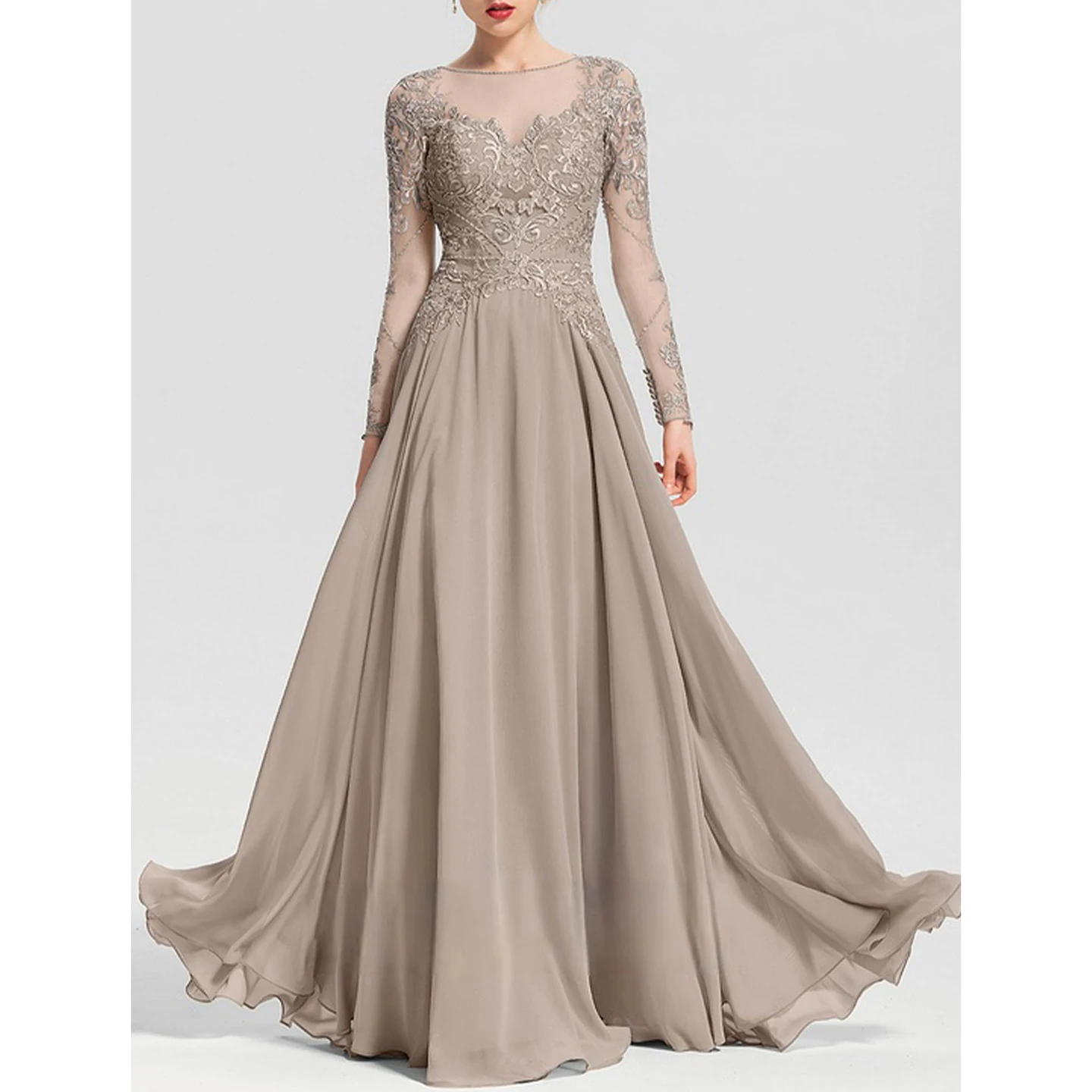 

Женское вечернее платье темно-серого цвета, классическое и изысканное, с длинными прозрачными кружевными рукавами, платье для матери невесты, бальное платье трапециевидной формы длиной до пола