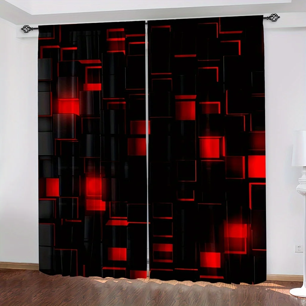 Modern Red and Black Geometric Blackout Curtains for Living Room Bedroom Window Drapes Privacy Room Darkening Panels