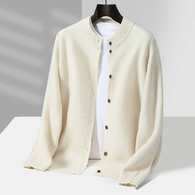 

Chic Men's Wool Sweater Stand-up Collar Autumn Winter Cardigans Cashmere 100% Merino Wool Knitwear Long Sleeve Smart Casual Coat