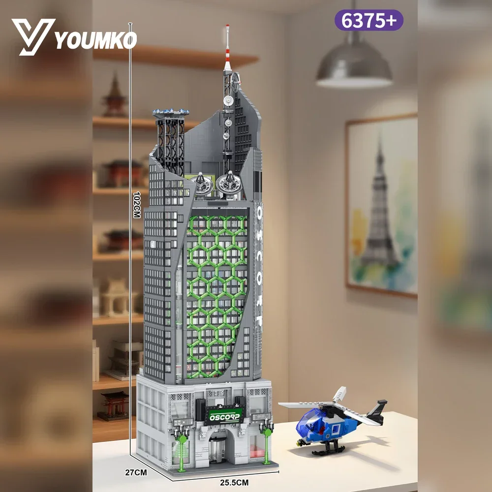 6375 ELEMENTÓW MOC Oscorps House Klocki Konstrukcyjne Filmowa Klasyczna Czarna Wieża Model Architektoniczny ze Światłem Zabawki do Samodzielnego Montażu Prezent dla Dorosłych