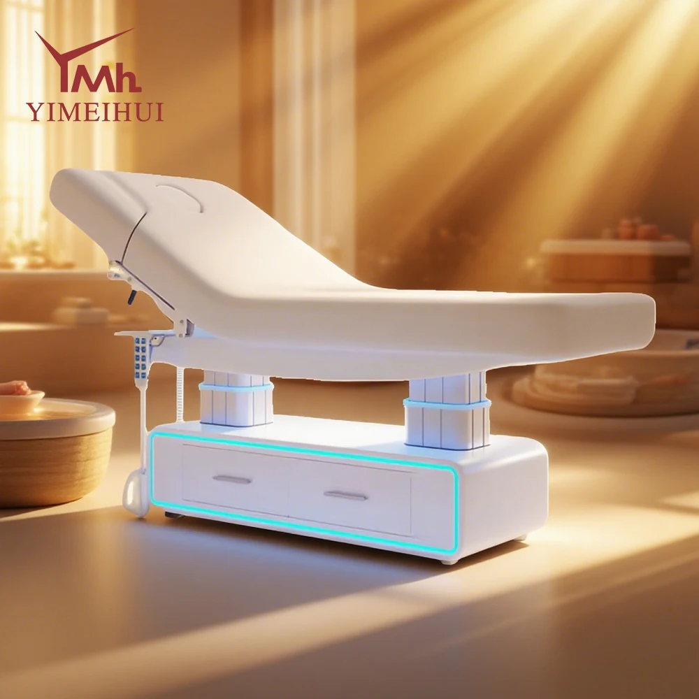كراسي تجميل كهربائية فاخرة ذات 4 محركات، سرير تدليك سبا لصالون الوجه مع سرير جمالي بتصميم جمالي