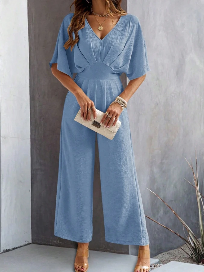 Sexy Elegant New Fashion 2024 Summer Casual Long Jumpsuits Short Sleeved Solid Color Temperament V-Neck Wide Leg Jumpsuit