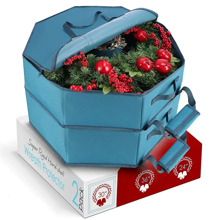

ContainerHard Shell Christmas Bag with Interior Pockets, Dual Zipper and HandlesPremium Wreath Storage Organizer Box, 30, Blue