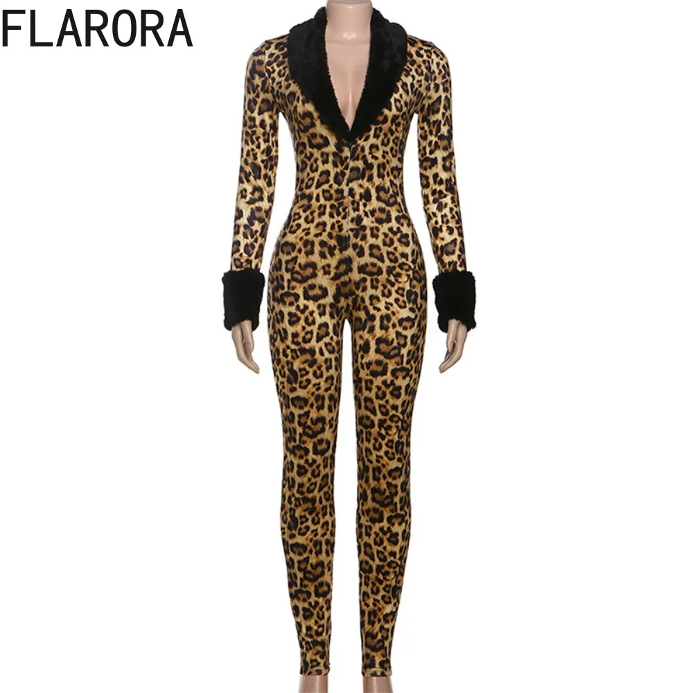 FLARORA Furry Leopard Printing Jumpsuits Woman Sexy Deep V Neck Full Sleeve Skinny High Waist Midnight Party Clubwear Overalls