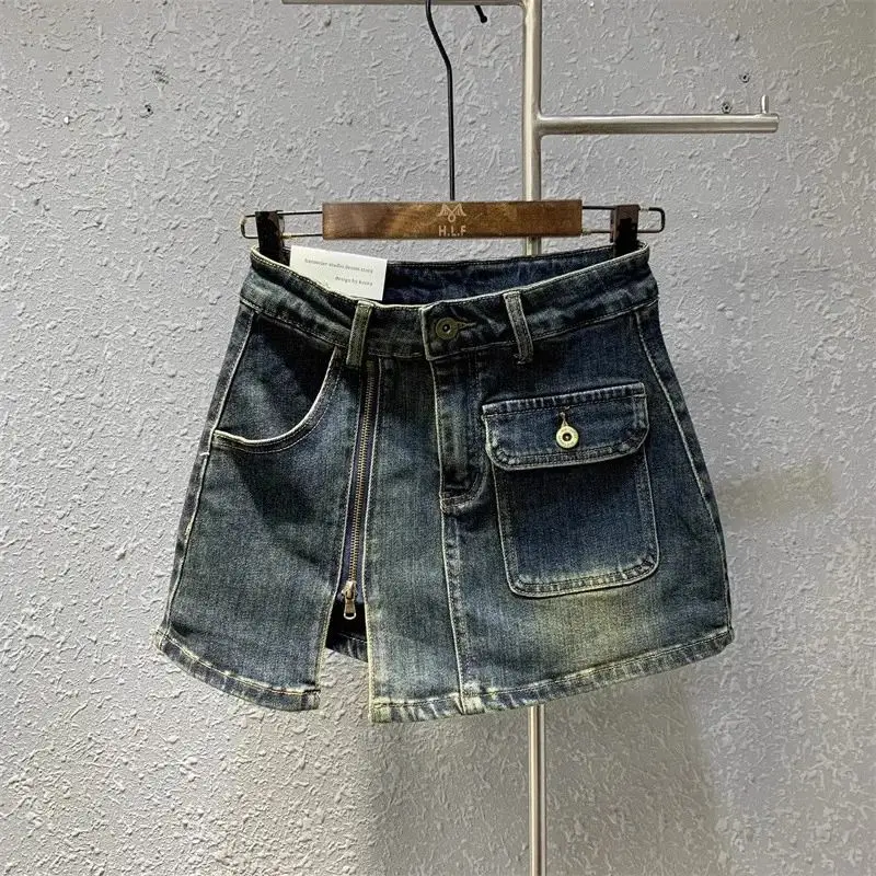 Retro Spice Girl Denim Skirt Spring and Summer Zipper Split Split High Waist A-Word Hip Wrap Skirt