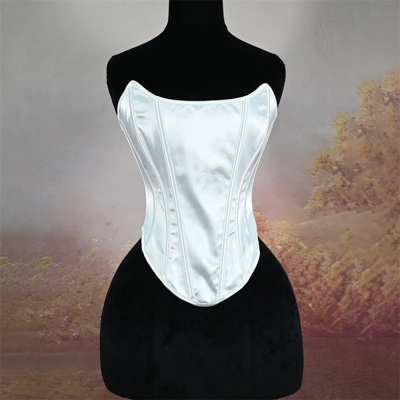 Womens Corset Satin Sexy Plus Size Bustier Strapless Crop Tops Gothic Lace Up Boned Gorset Top Shapewear Clubwear Party Corselet view 4