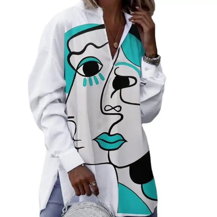 

Women's Long Sve Printed irt Street Sle round Ne Polyester Fiber Top Faionable Casual Women's Clothing