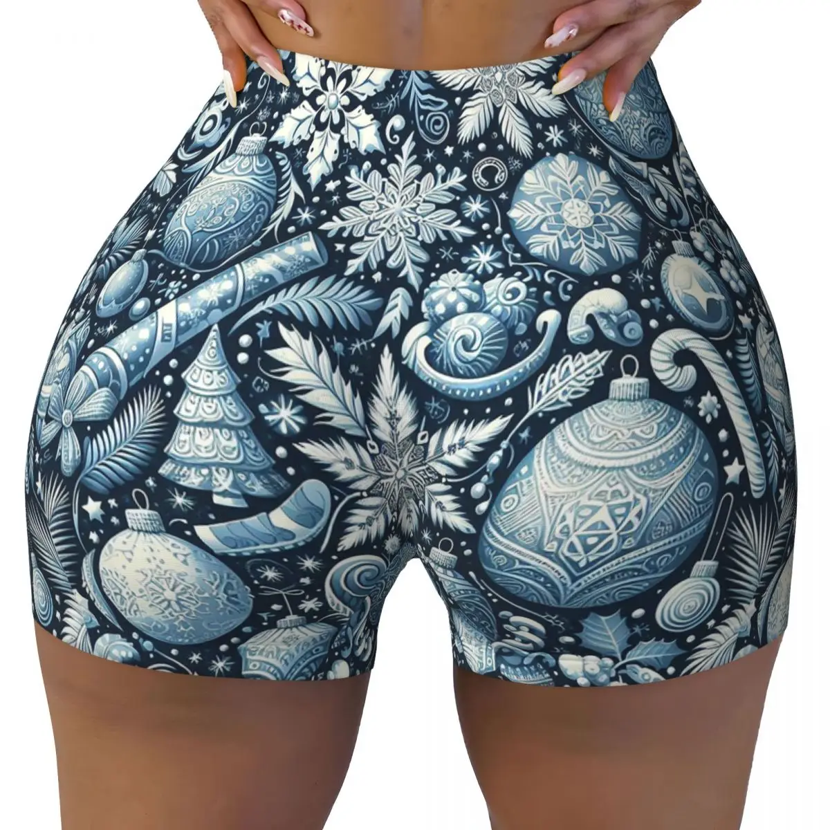 

Пользовательские рождественские синие и белые шорты для йоги, женские шорты для тренировок в тренажерном зале, беговые спортивные волейбольные байкерские шорты