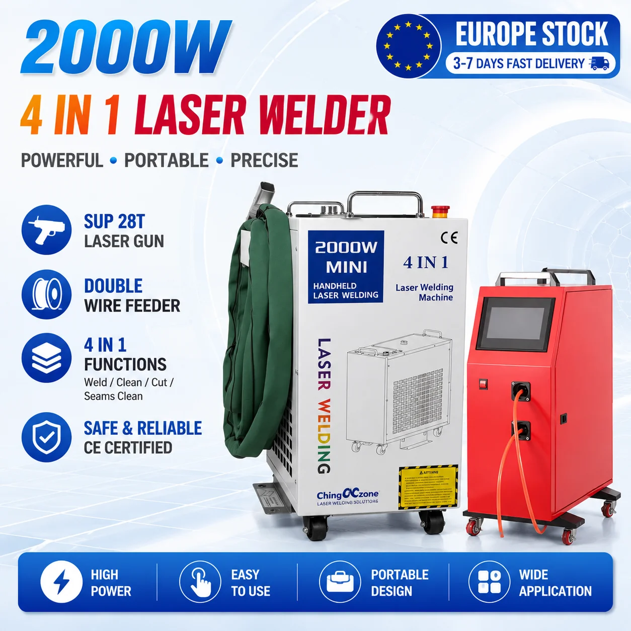 2000W 4-in-1 Handgeführte Faserlaser-Schweißmaschine Laser-Schweißgerät, -Schneider und -Reiniger mit SUP 28T Pistole für Metallschweißen, -schneiden, Rost- und Ölentfernung