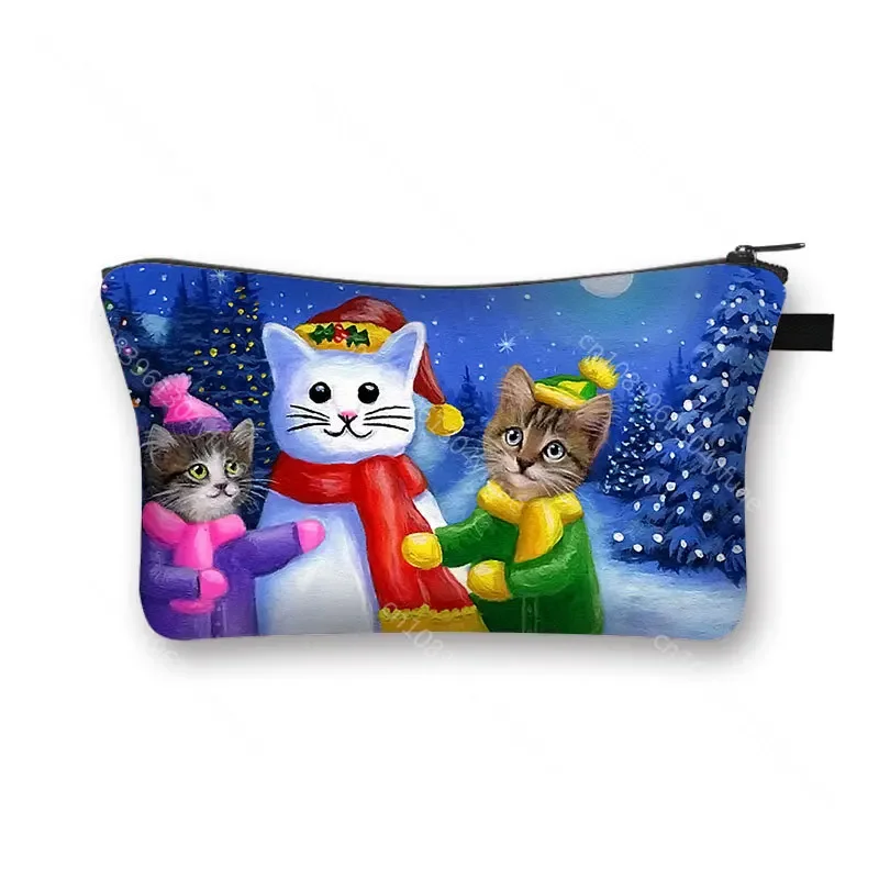 Kittens Cats Cars Christmas Eve Lane Houses Winter Snow Cosmetic Bag Pure Cute Cat Cosmetic Case Women Makeup Bags Mini Handbag