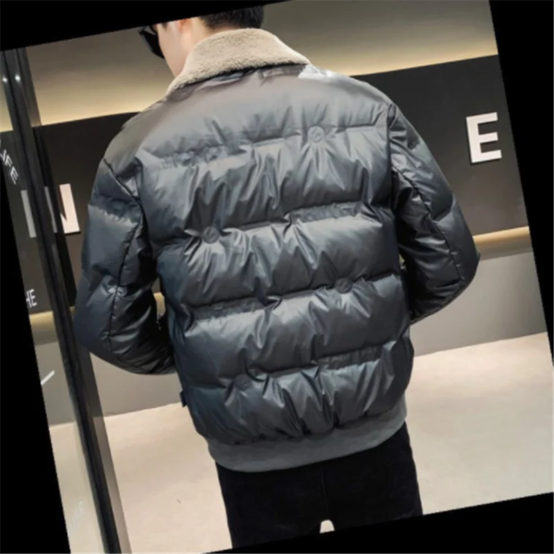 Men's Down Jacket Short Zipper Pocket Outerwear  Winter New Korean Lapel Warm Puffer Parkas Fashion Long Sleeves Casual Coat