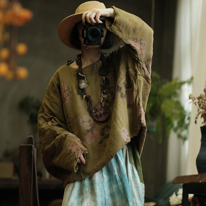 

Oversized Women Casual Cotton Coats New 2025 Autumn Vintage Style O-neck Floral Print Loose Female Batwing Sleeve Pullover M1941