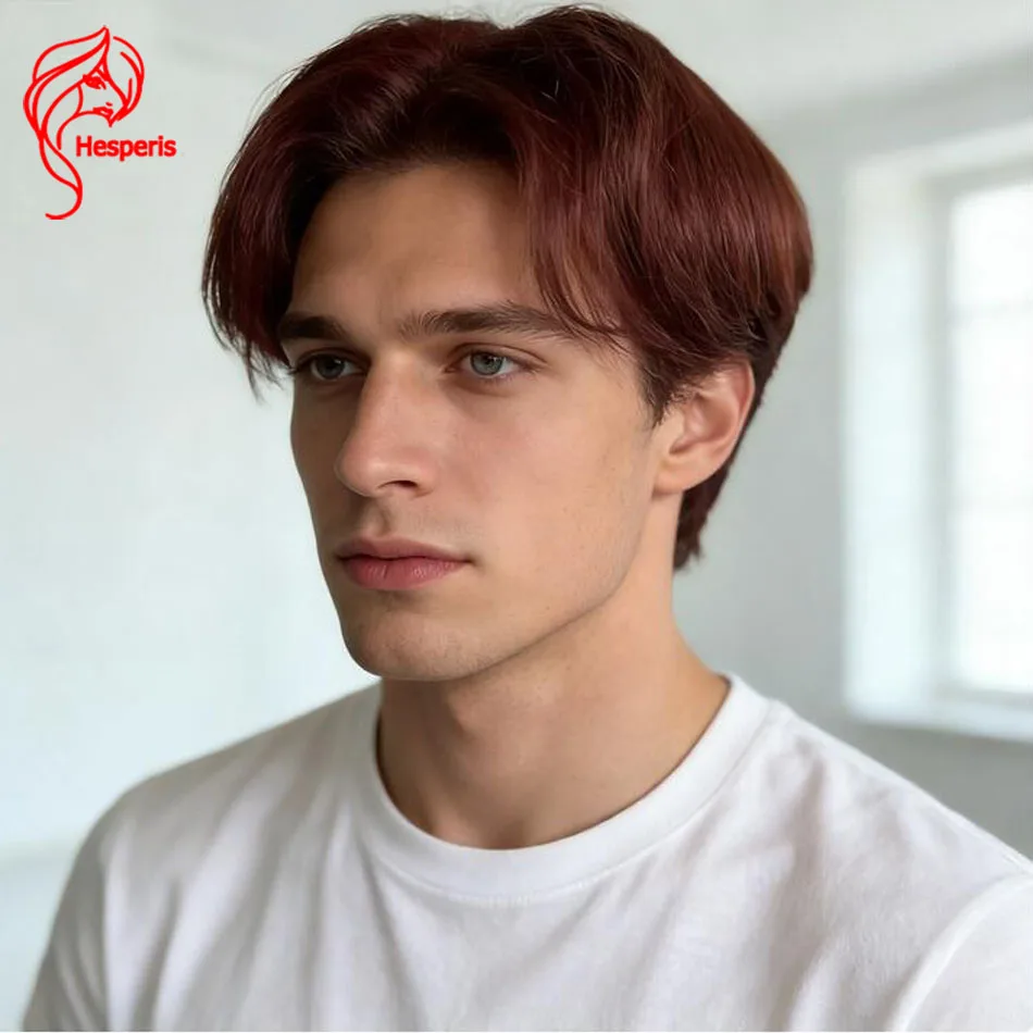 

Hesperis Auburn Classic Men's Wig Full Lace Human Hair Short Cut with Tapered Sides Reddish Brown Color for Male Hair Replacemen