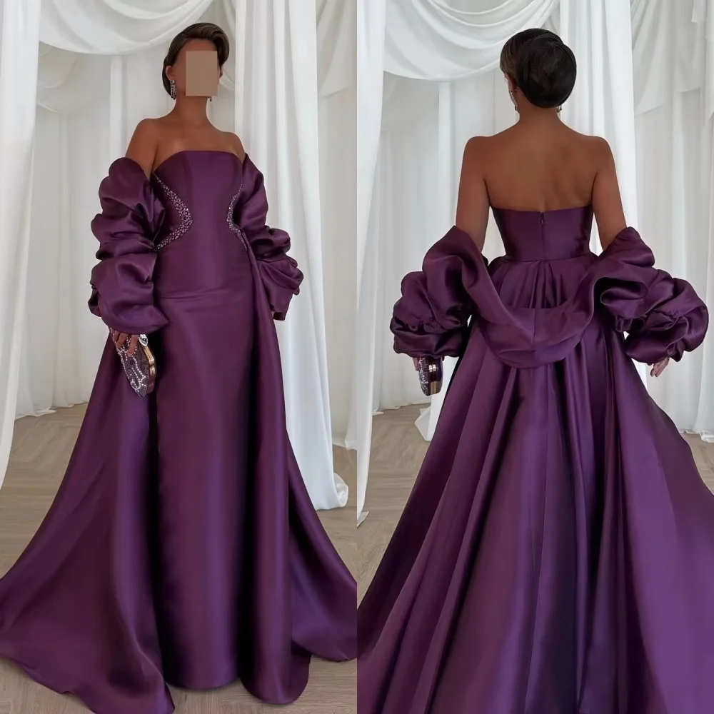

Customized Exquisite Strapless Women Prom Dress Charming Beading Floor Length Party Dress Elegant Half Sleeve Women Evening Gown
