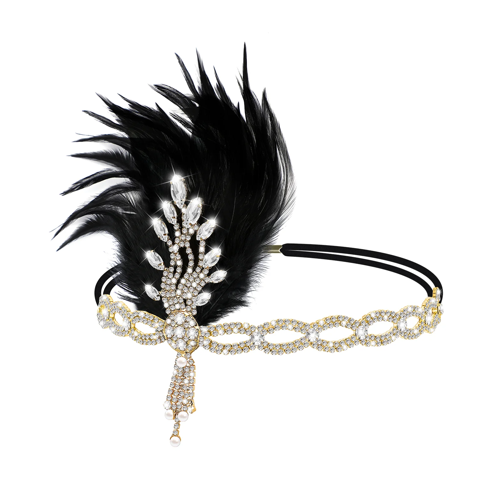 

Headband Women Hair Accessories Gold Ties Fascinator Headbands Flapper 1920s Rhinestone for Black Miss