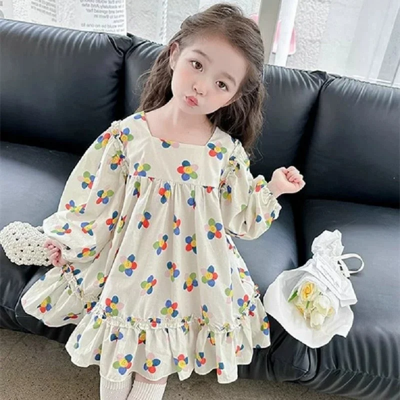 

Girls Dress 2026 Spring and Autumn New Korean Version Sunflower Long Sleeved Princess Dress Casual Fashion Daily Children's Gift
