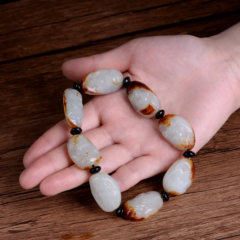 Xinjiang Hetian Rough Stone Red Infusion Leather Jade Pebble God of Wealth Bracelet Men's and Women's