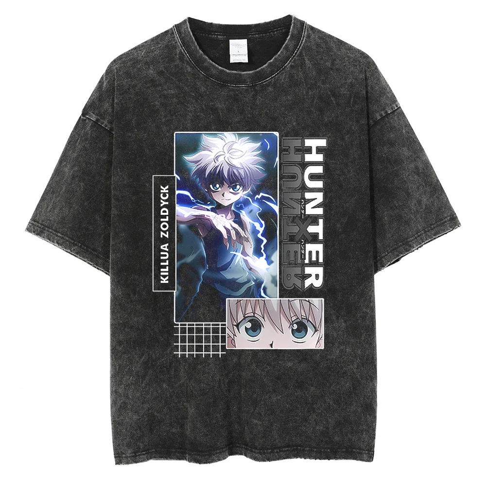 2026 summer Anime Hunter x Hunter Oversized T-shirt, Killua Zoldyck Multi-Print Casual Streetwear Washed Black Tee For Men Women - view 2