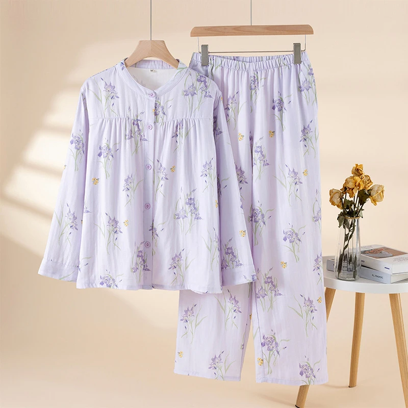 

Women's 2-Piece Pajama Set, Japanese Pastoral Double Gauze, Long Sleeve Floral Print, Breathable Spring Fall Loungewear