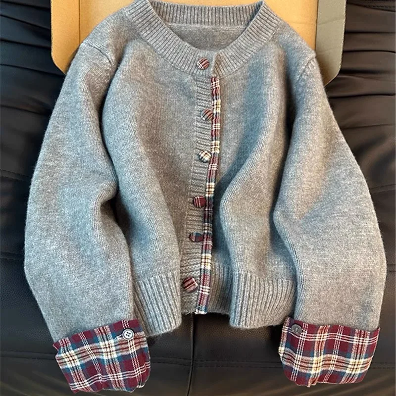 

Женский серо-красный кардиган с круглым вырезом и длинными рукавами Y2K Harajuku High Street Fashion, элегантный повседневный топ в стиле ретро, свитер 2025