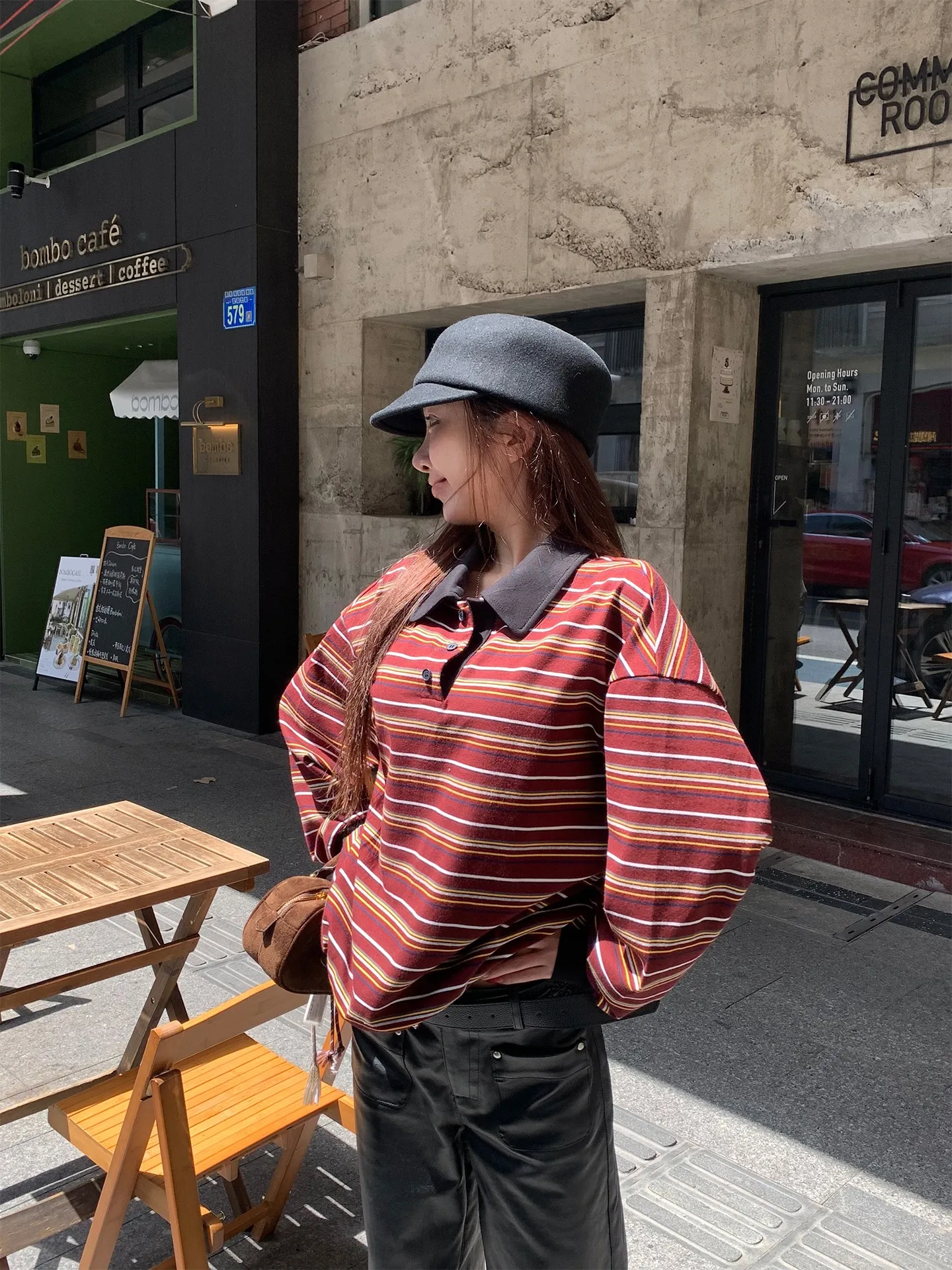 

FHEER Vintage College Stripe irt Long Sve Loose Women's T-irt Casual Cotton Polyester Blend Faion Top