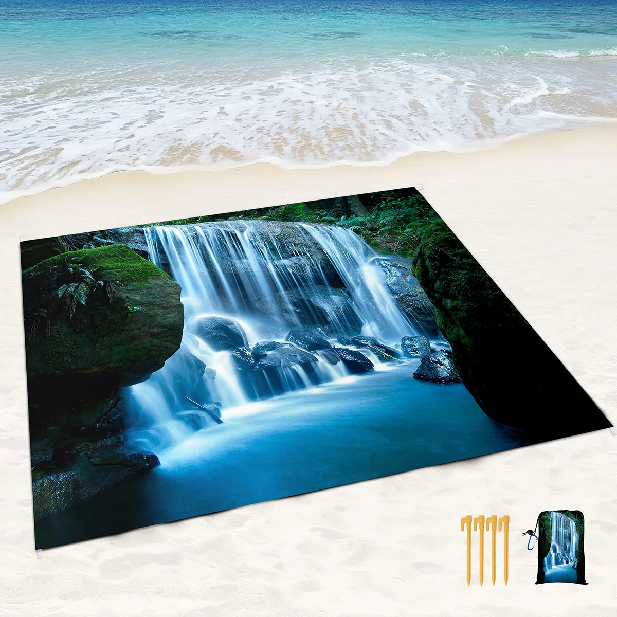 Beach Blanket,Natural Waterfall Picnic Blankets Waterproof Sandproof,Lightweight Beach Carpet,SandProof Mat for Travel,Camping