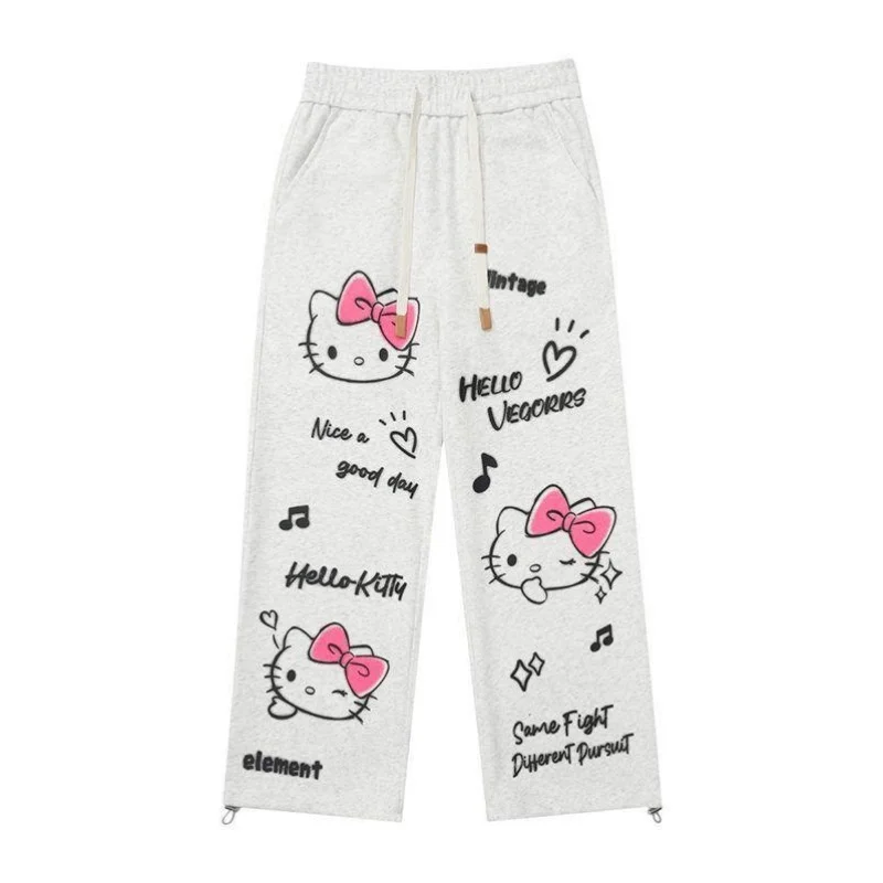 

Модные женские широкие брюки с полным принтом Hello Kitty Kawaii, повседневные спортивные свободные брюки с высокой талией в стиле аниме, прямые брюки больших размеров
