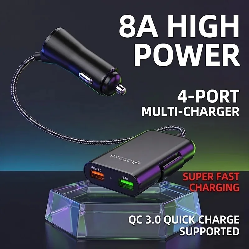 4-Port USB Car Charger 8A Fast Charging Station with Long Extension Cable and Back Clip For Back Seat Passenger Mobile Phone