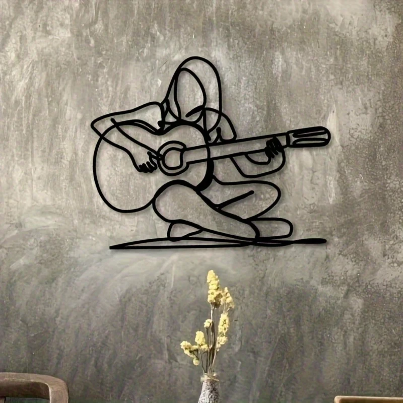 Minimalist Black Iron Guitarist Wall Art, Self-Adhesive Music Decor for Home Studio, Musician Gift