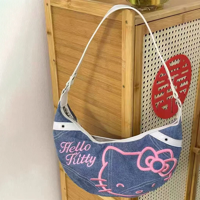 Y2K Hello Kitty Shoulder Bag Sanrio Crossbody Bags Cartoon Portable Retro Denim Handbag Kawaii Cute Messenger Bag Girls Gifts