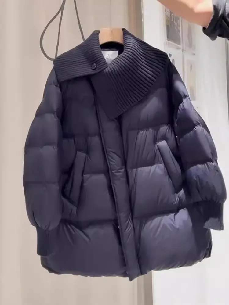 

Korean Style Women's Knitted Black Cotton Jacket Shoulder Wrap Warmth Outerwear Long Sleeve Zipper Closure Thickened Winter Coat
