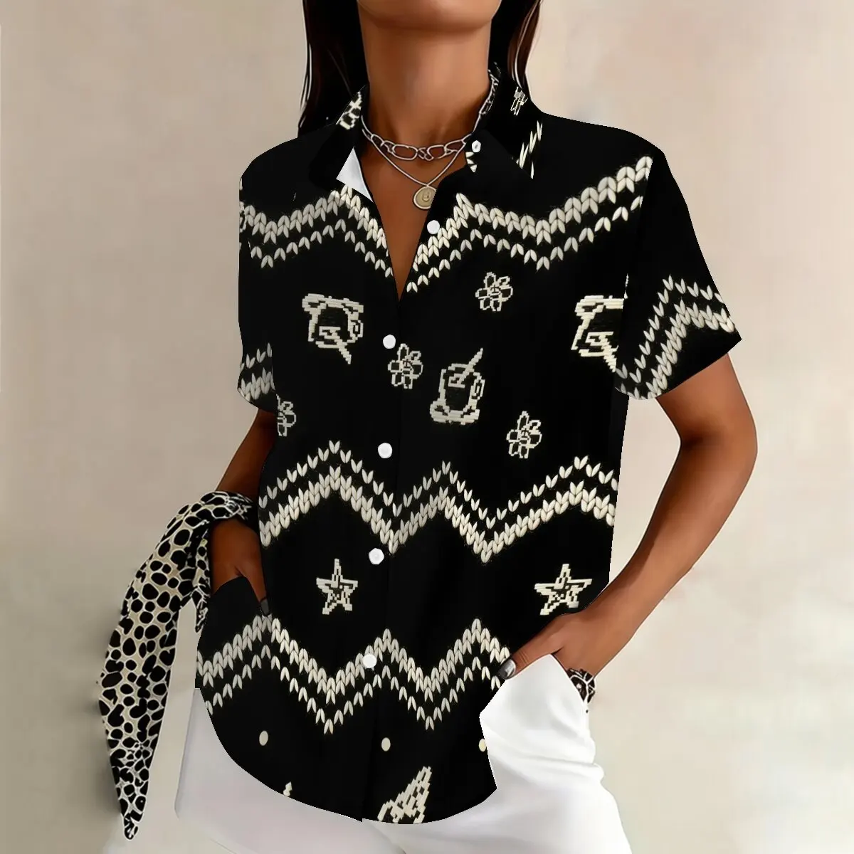 

Summer fashion plus-size women's short-sleeve lapel shirt, black-and-white retro design, suitable for themed events, commuting