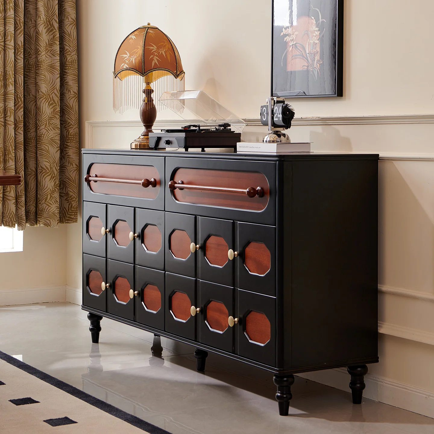French retro solid wood bedside table, bedroom storage locker