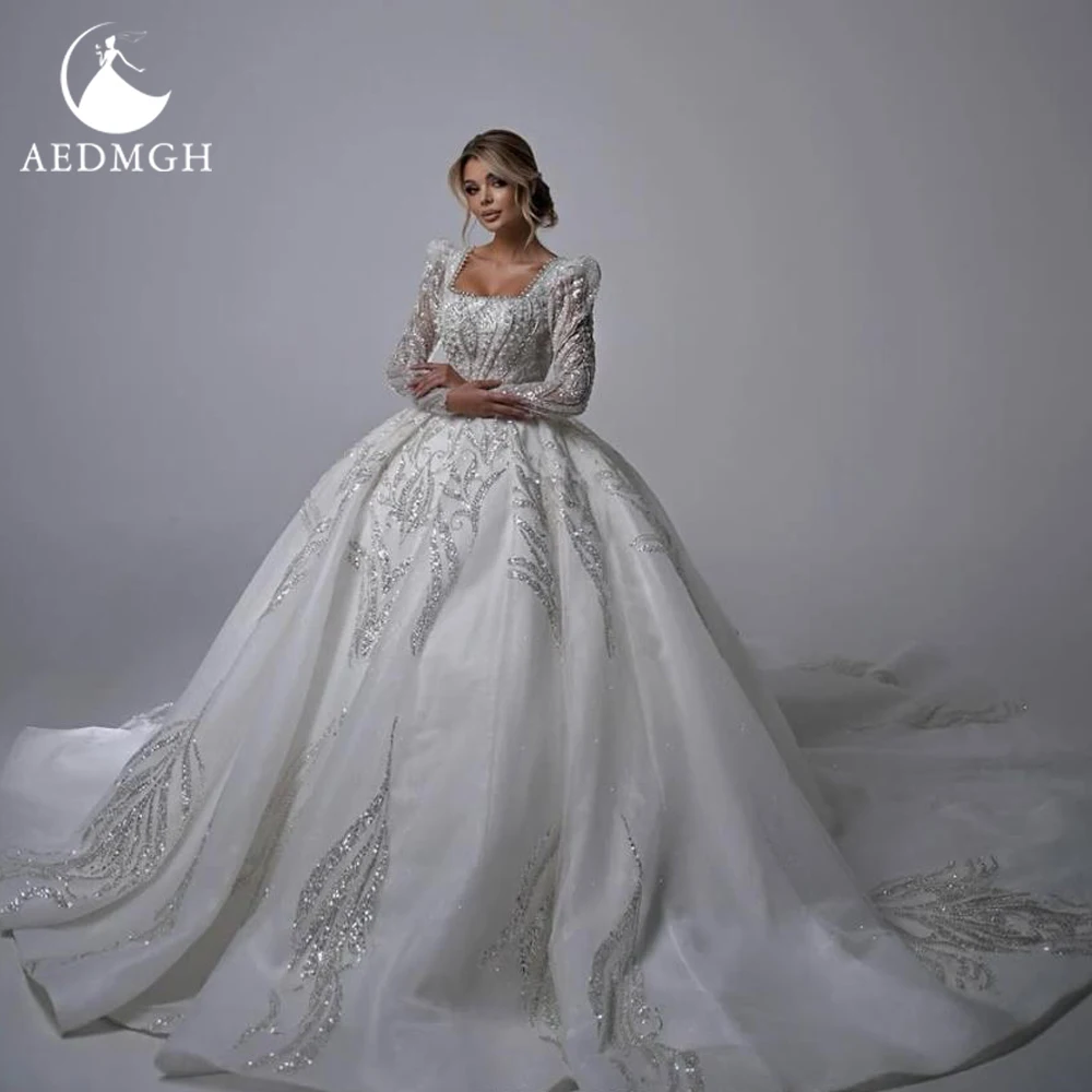 

Aedmgh Ball Gown Luxury Wedding Dresses Boat Neck Long Sleeve Vestido De Novia Lace Sequined Royal Custom Made Bridal Gowns