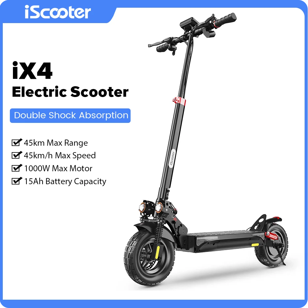 Trottinette électrique iScooter iX4, moteur 1000W, 48V 15Ah, autonomie 40-45km, vitesse 45km/h, frein à disque double, pliable, tout-terrain, avec application.
