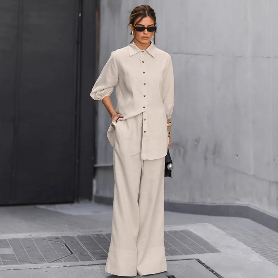 

Стильные осенние женские комплекты из 2 предметов, однобортная рубашка с отложным воротником для женщин, повседневные женские брюки с широкими штанинами и завязками