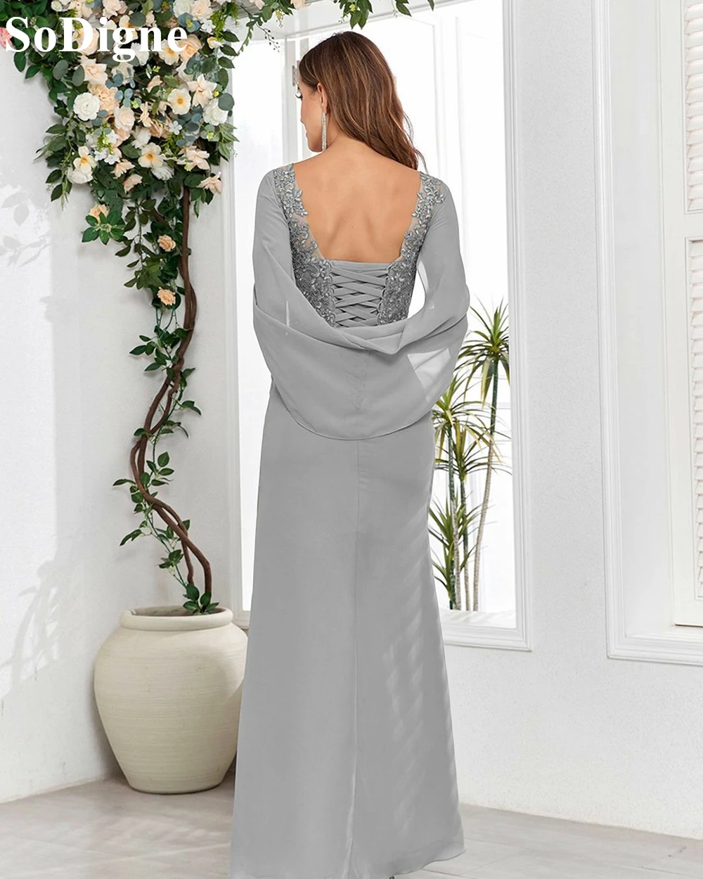 SoDigne Gray Chiffon Evening Dresses O-Neck Cape Lace Appliques Draped Pleated Party Dress 2024 Formal Prom Gowns for Women