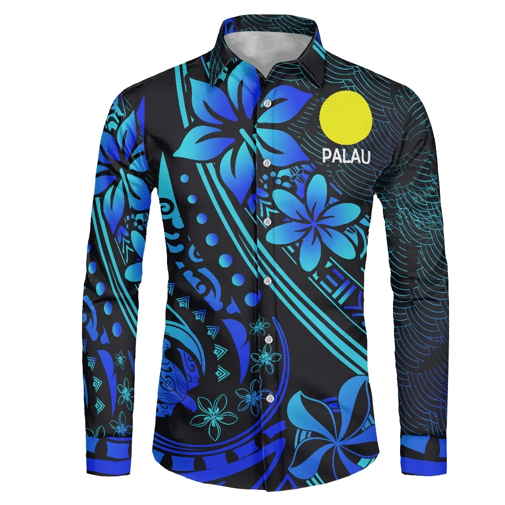 

Plus Size Blue Men's Shirt Polynesian Style Hibiscus Printing Palau Shirt 2022 Spring Long Sleeves Lapel Conventional Clothing