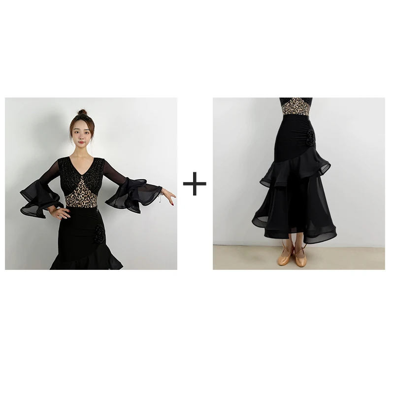 Ballroom Dance Clothes Leopard Tops Flower Long Fishbone Skirt Waltz Dance Performance Clothes Club Tango Practice Dress BL19690