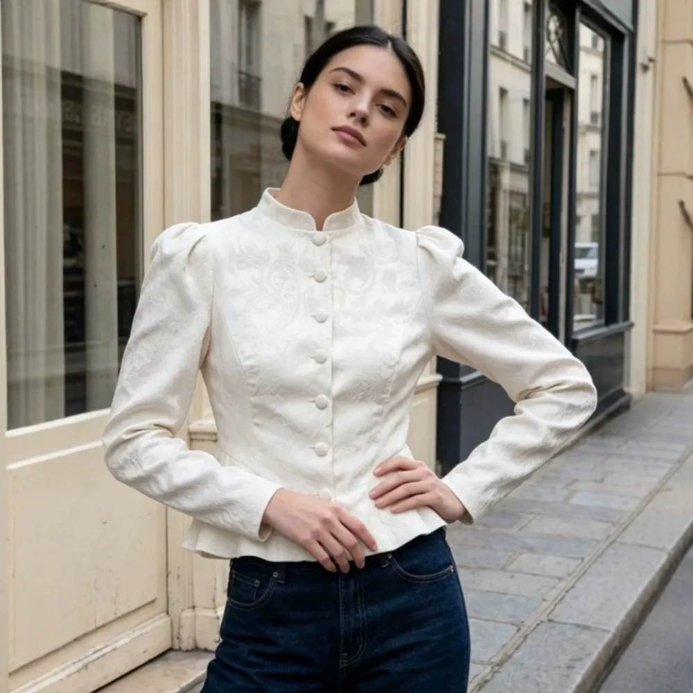 Xiaoxiang Style Stand Collar Jacquard Jacket Spring and Autumn Women's Gentle Soft Daily Office Travel Casual Bubble Sleeve Top