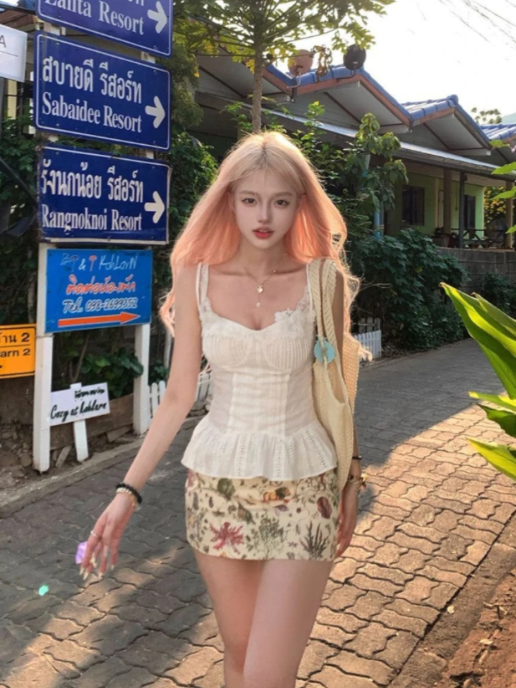 Women's 2026 Autumn Winter French Vacation Low Waist Floral Print Bodycon Mini Skirt Slim Sexy Hot Girl Streetwear Chic