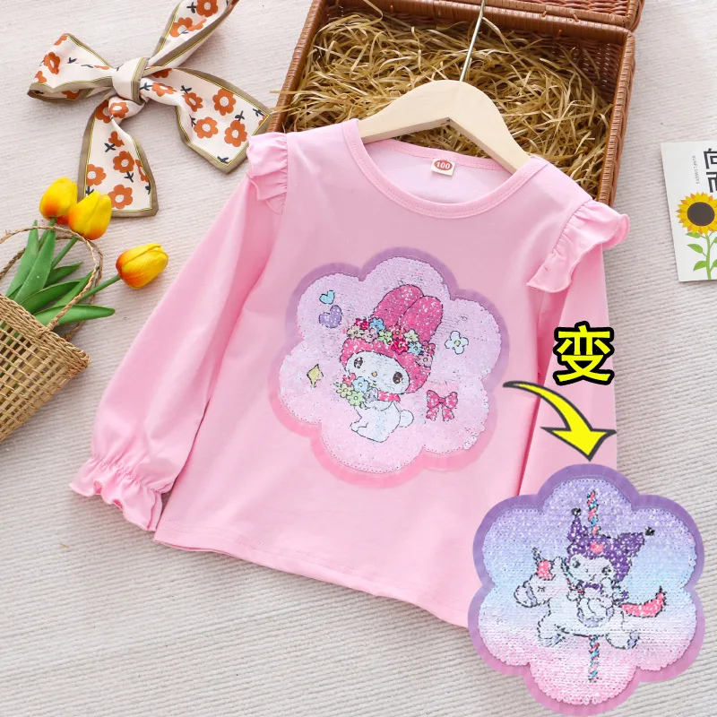 

2024 My Melody Girls T-Shirt Sanrio Kawaii Anime Kuromi Cinnamoroll Long Sleeve Summer Sweet Cute Cartoon Babys Tops Kid Gift