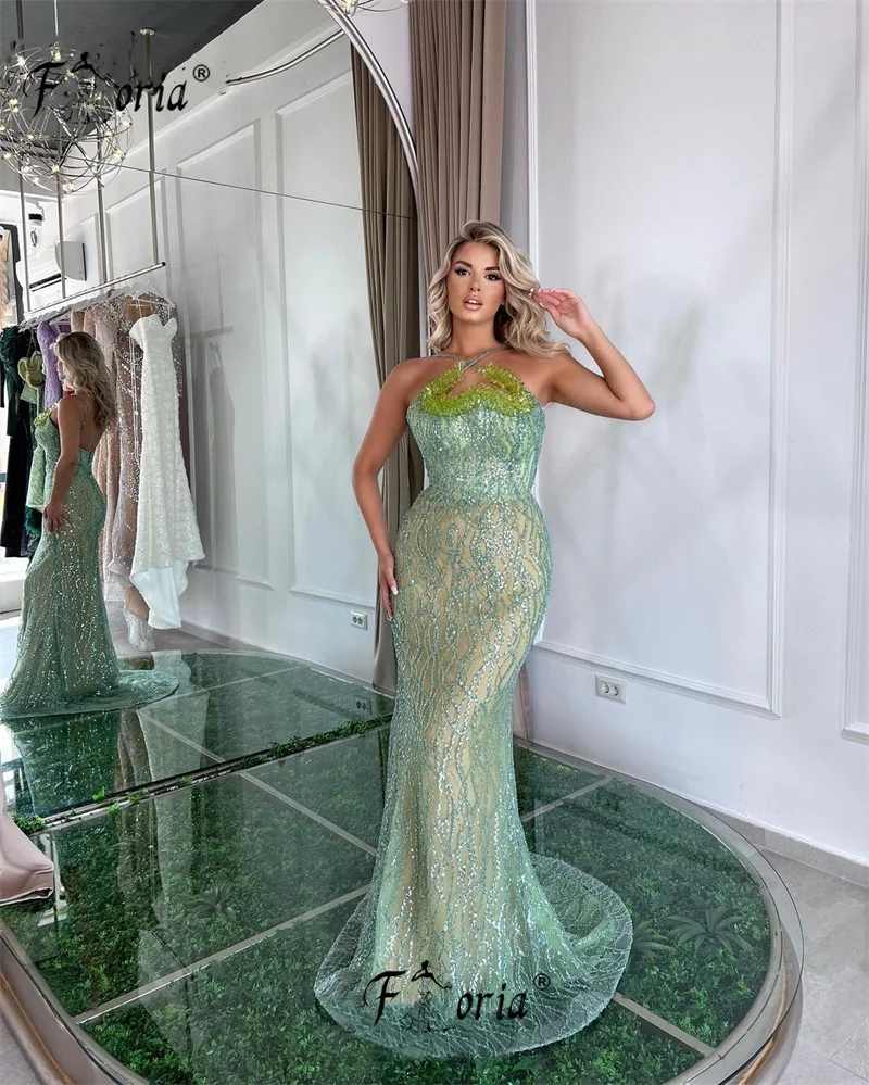 Green Sequin Elegant Mermaid Formal Evening Dress Crystal Beaded Halter Prom Beach Dresses Long Cocktail Party Gown Vestidos