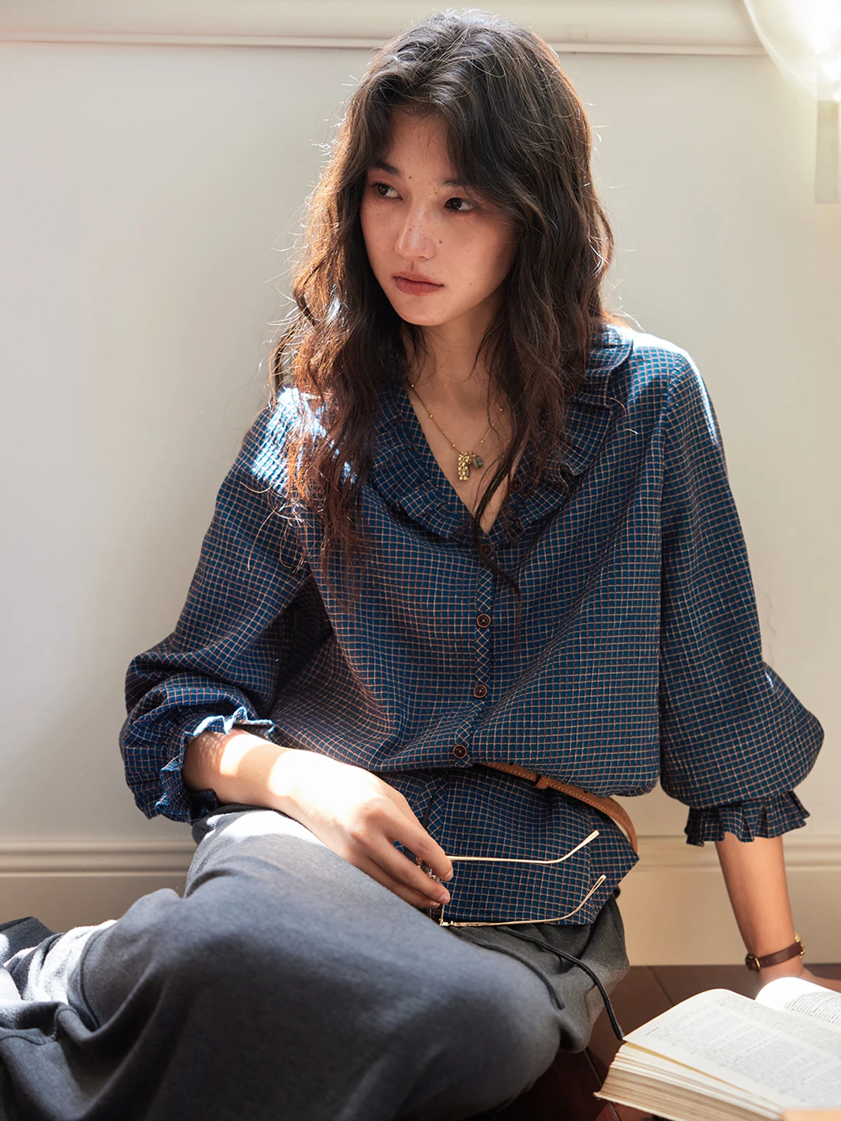 

Solighter Retro Plaid Loose Long Sve V-Ne Women's irt Spring Autumn New Sle Cotton Commute Faion Button up irt