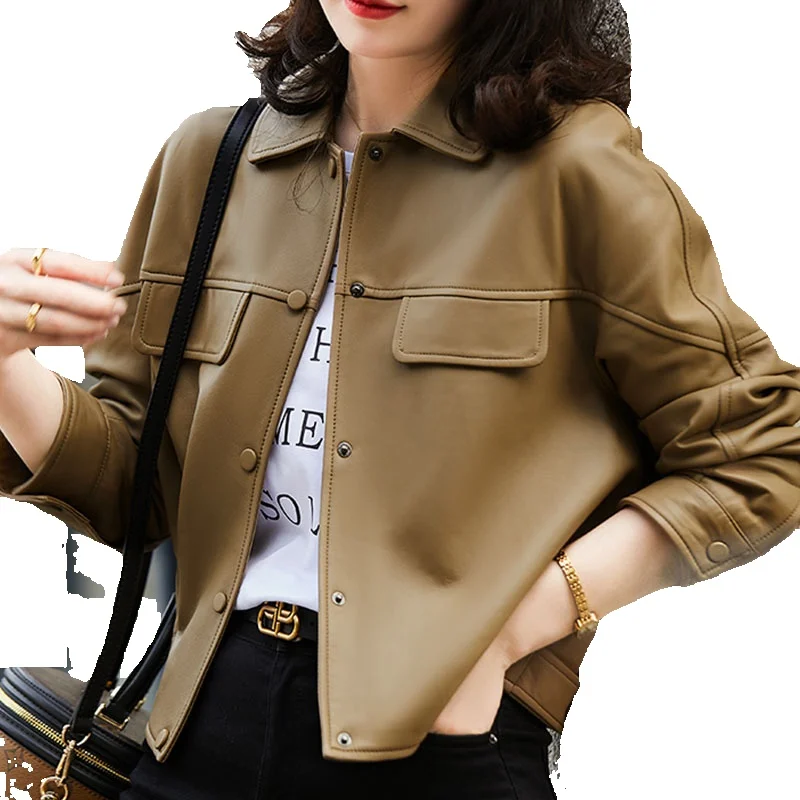 New Sheepskin Genuine Leather Coat Fashionable Long Style Single Breasted Elegant Flip Collar Leather Coat