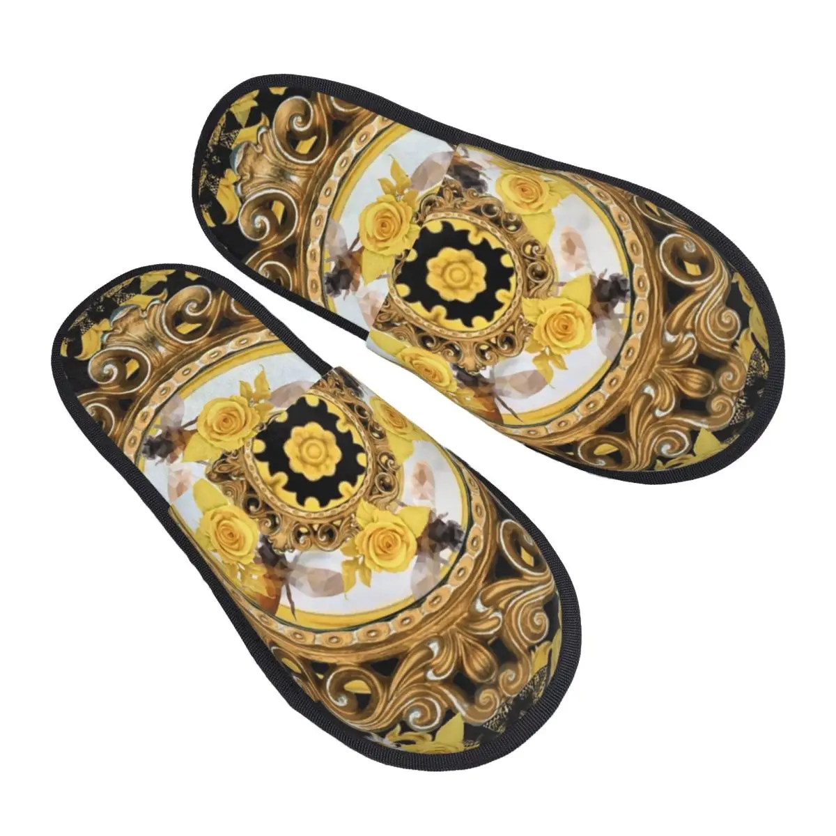 Custom Yellow Rose And Bees Vintage Kitsch Baroque Scarves Comfy Scuff Memory Foam Slippers Women Spa House Shoes