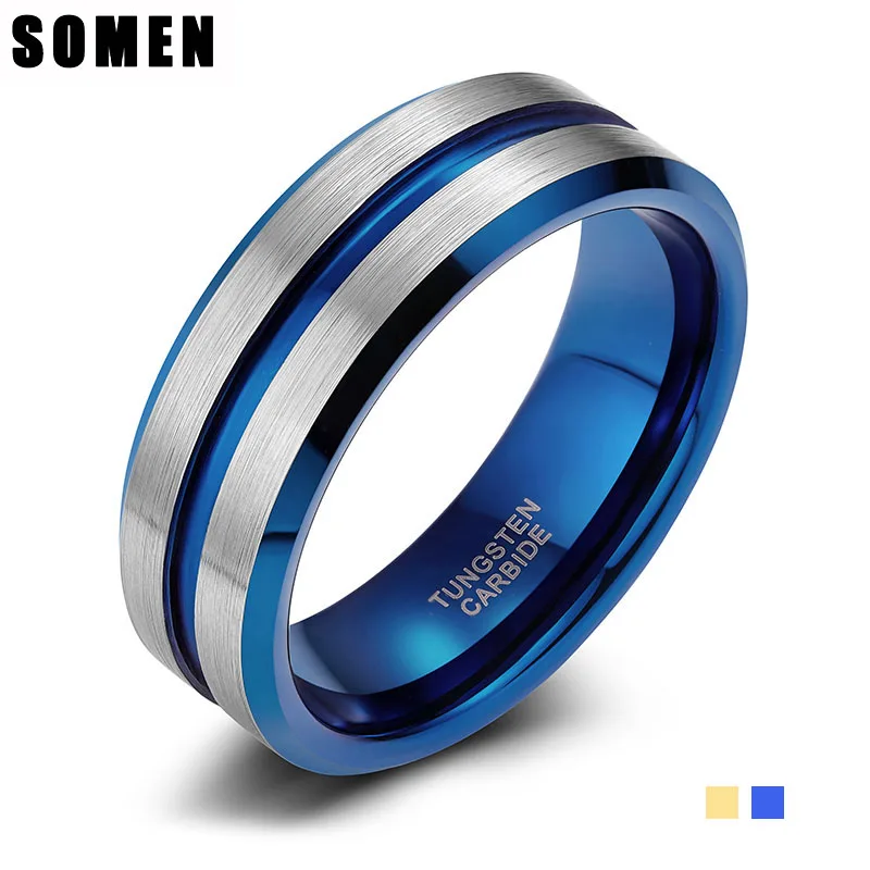 Somen Trendy 8MM Blue/Gold Line With Silver Brushed Men Tungsten Carbide Ring Europe Style Wedding Bands Party Rings Jewelry