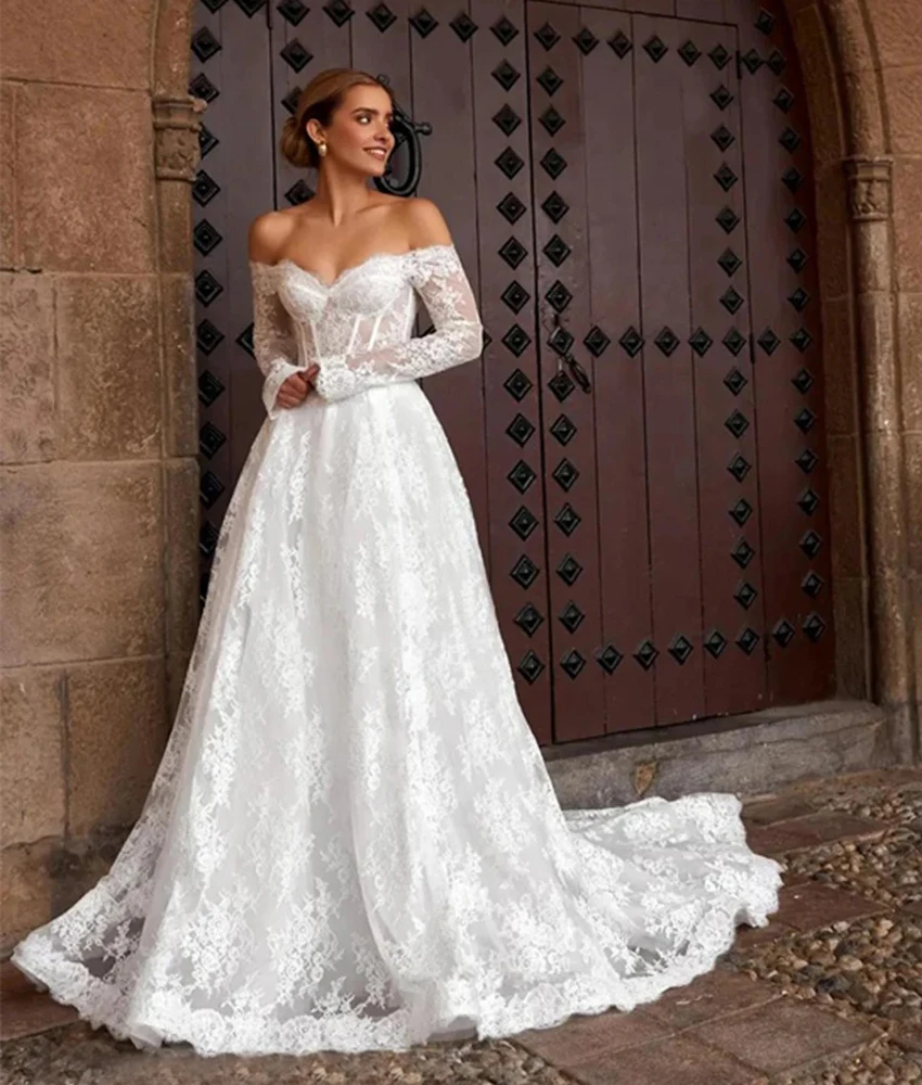 

Customized Sexy Lace A-Line Off the Shoulder Evening Dress High Quality Sweetheart Long Sleeves Floor Length Celebrity Gowns